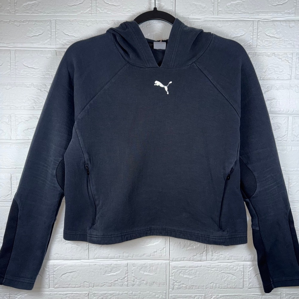 Puma Cropped Hoodie Womens Medium Black Activewear Athleisure Zip Pockets